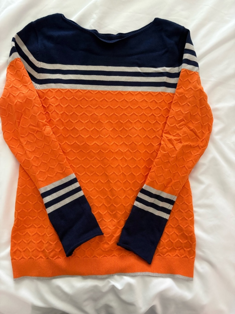 Women's Orange & Navy Striped Crew Sweater; Super Cute On!